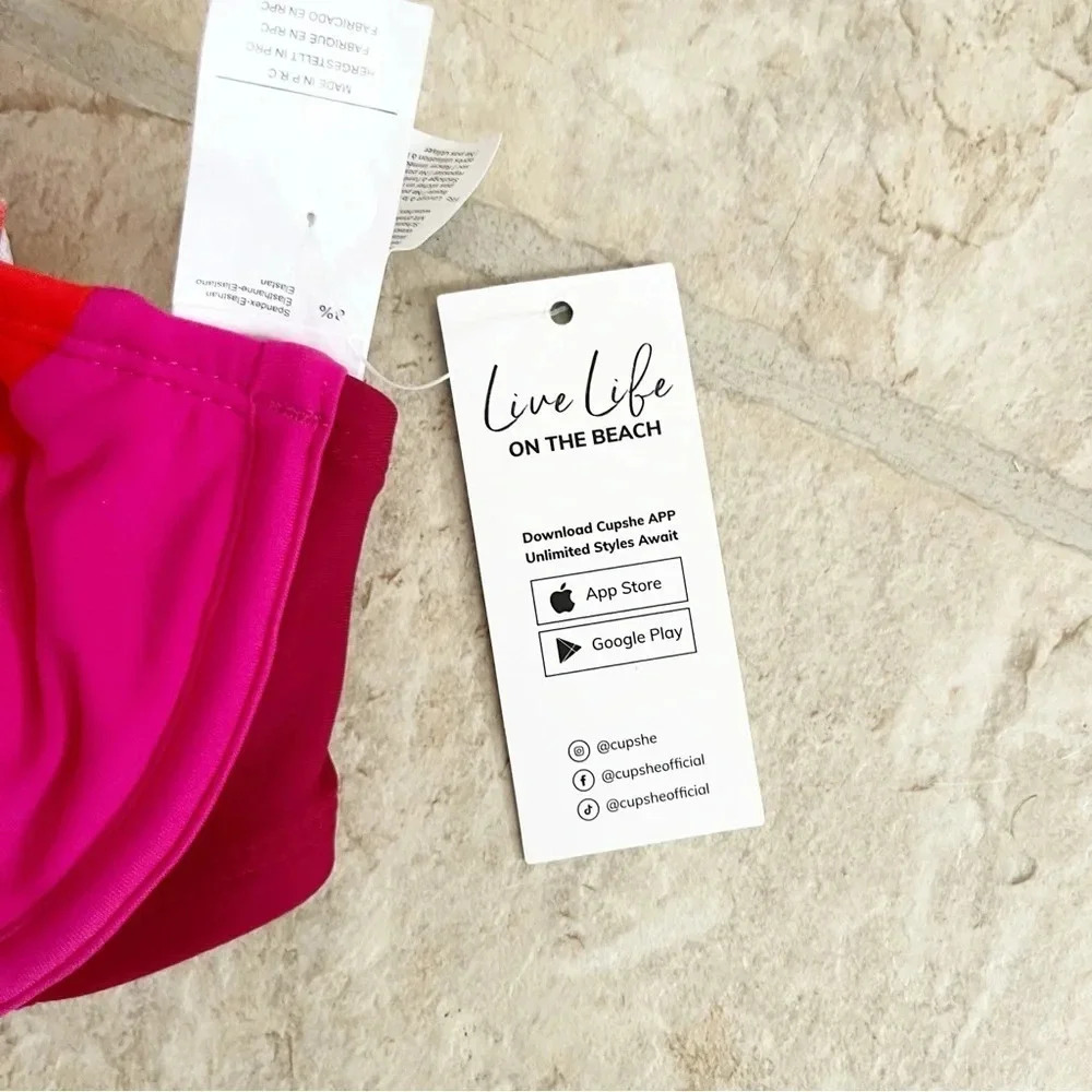 NWT Cupshe Colorblock Hidden Wonders Top XS & V-Front Bikini S Bottom Barbiecore - Picture 11 of 11
